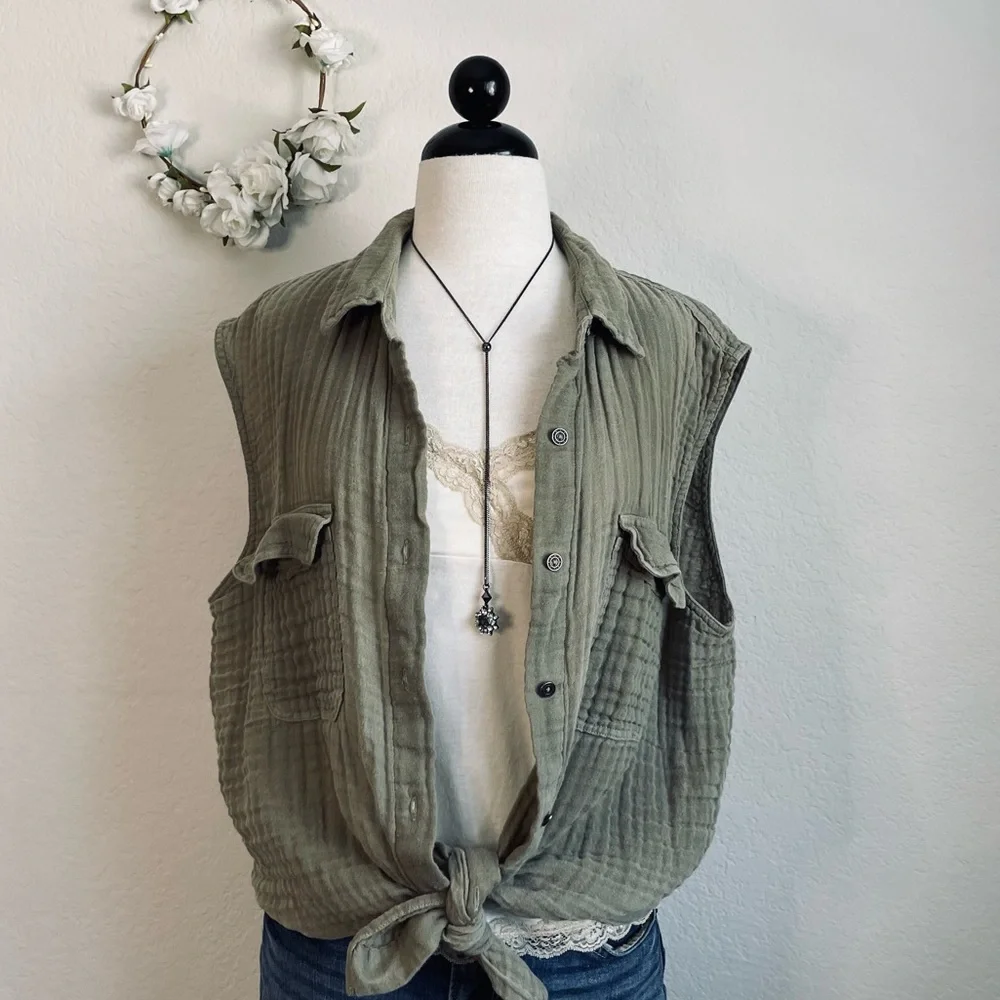Free People Sleeveless Gauze Buttondown